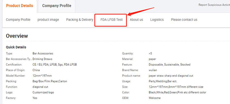Alibaba product listing about test