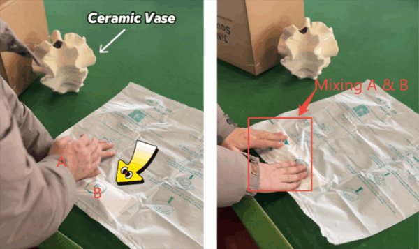 Mix the two internal components of an expanding foam bag