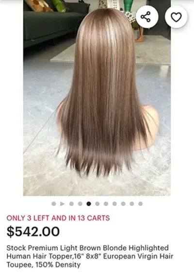 Female wigs priced between $300 and $100