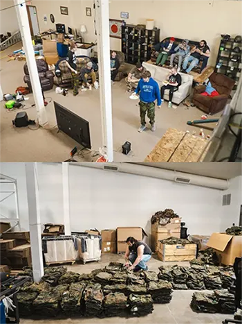 Logan organizing old uniforms and gear in the basement