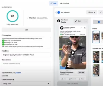 pickleball paddle's Facebook ads page