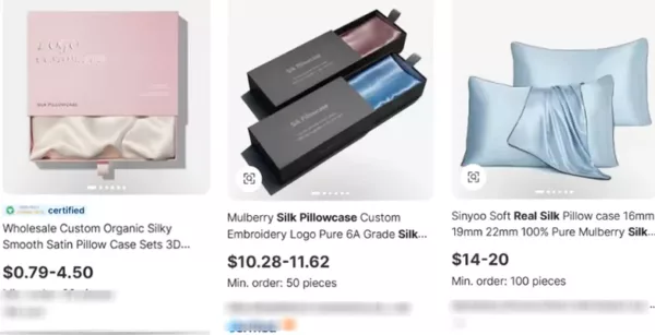 Real Silk pillowcases on Alibaba