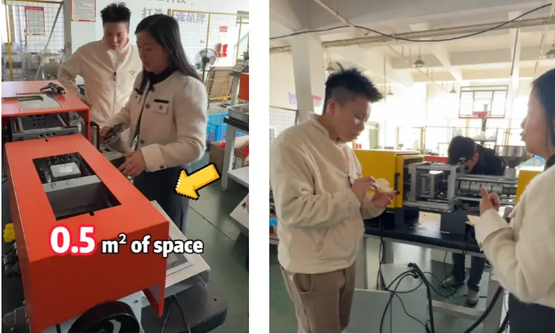 Sourcing agent Karen Inspecting the Desktop Injection Molding Machine