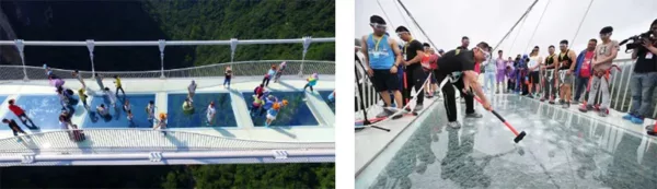 strong men tried smashing the glass bridge with sledgehammers