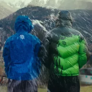 The puff jacket and outdoor gear changes color with splashed water