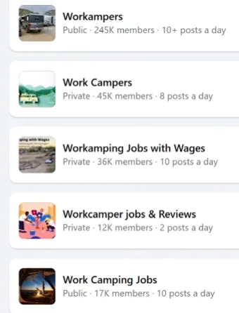 work campers Facebook groups